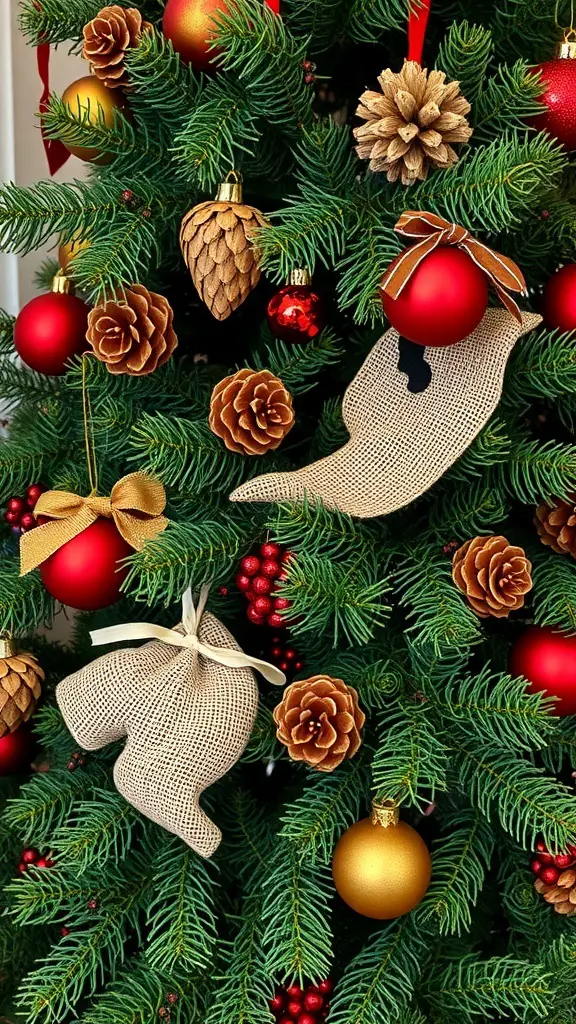 A rustic Christmas tree decorated with red ornaments, pine cones, and burlap accents.