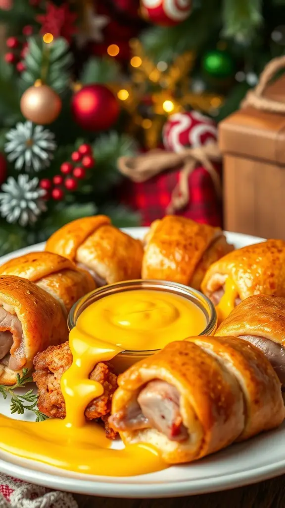 A plate of pigs in a blanket with mustard dip, set against a festive Christmas background.