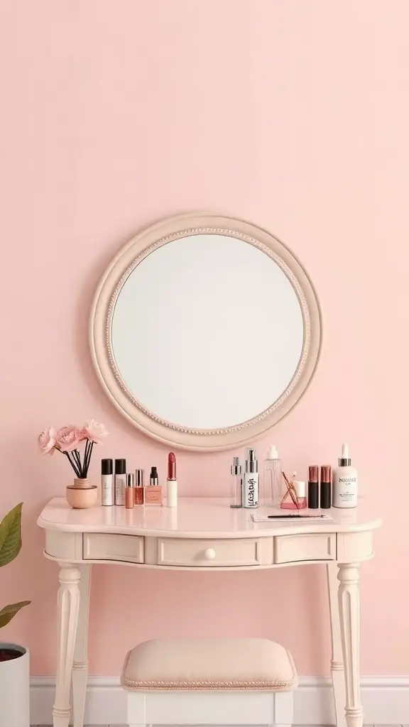 27+ Stylish Vanity Mirror Ideas to Elevate Your Space 8 A round mirror above a vanity with beauty products on a pink wall.