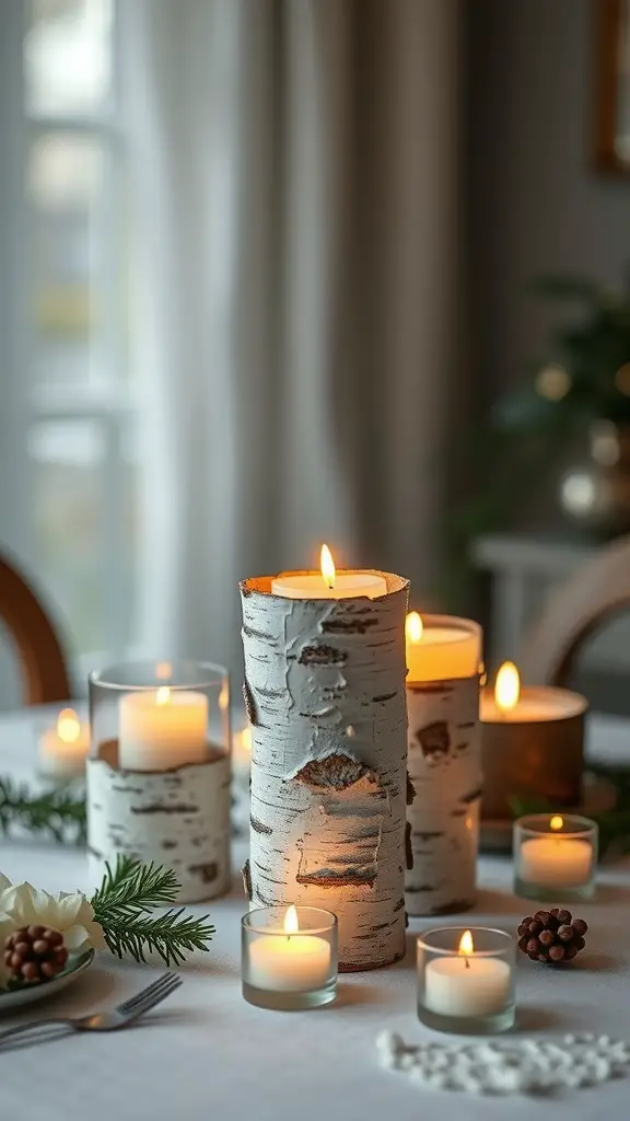 A collection of birch bark candle holders with candles lit, surrounded by greenery and pinecones on a table.