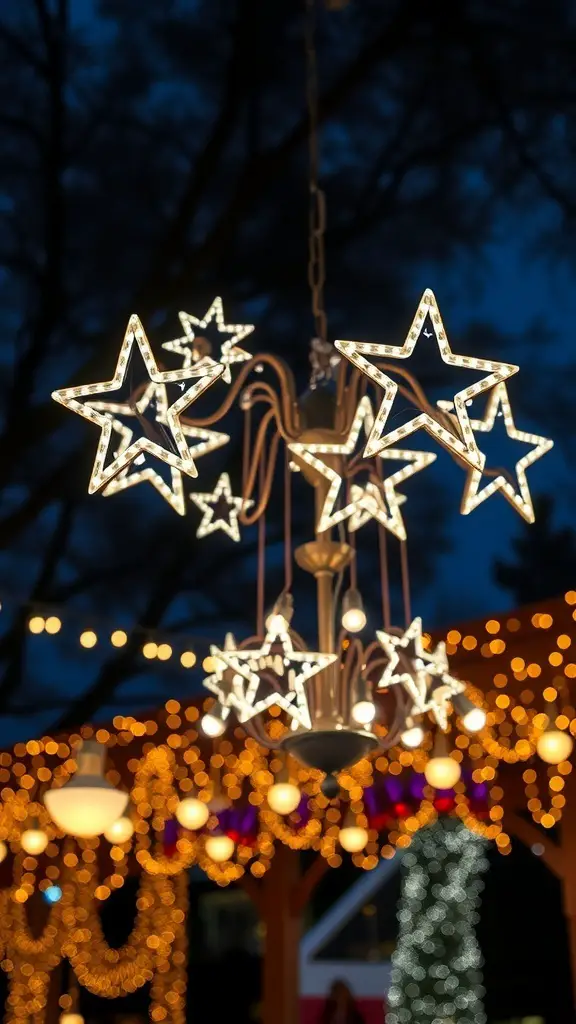 29+ Stunning Christmas Chandelier Ideas to Brighten Your Holidays 9 A glowing LED star chandelier with multiple star shapes, illuminated against a dark background.