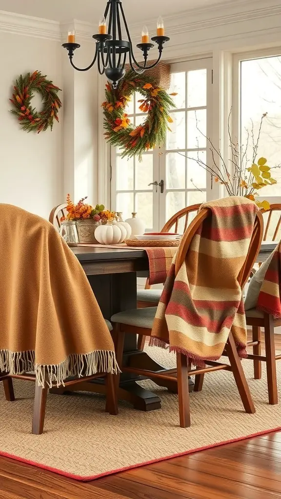 A cozy dining area with blanket throws on chairs, decorated for Thanksgiving.