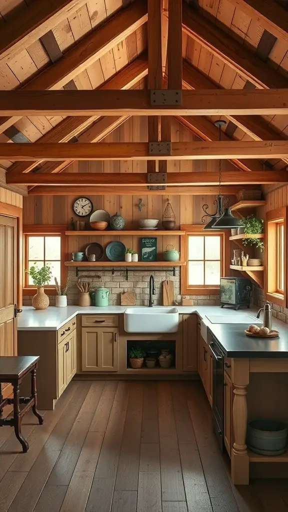 29+ Stunning Barndominium Kitchen Ideas You’ll Love 5 A rustic farmhouse kitchen with wooden beams, open shelving, and a farmhouse sink.
