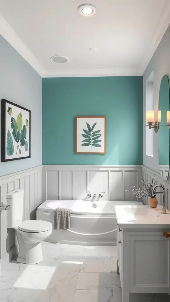 27+ Stunning Two-Tone Wall Paint Ideas to Transform Your Bathroom 14 A bathroom with a vibrant teal accent wall and light gray wainscoting, featuring modern fixtures and natural light.
