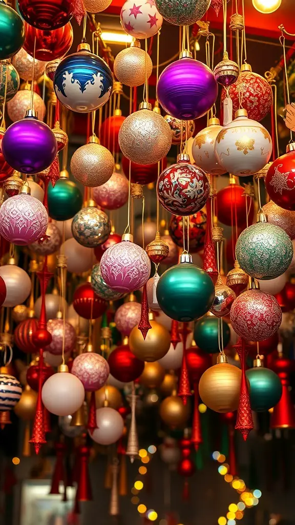 29+ Creative Christmas Ceiling Decoration Ideas to Festively Transform Your Home 6 A colorful display of hanging Christmas ornaments in various shapes and sizes.