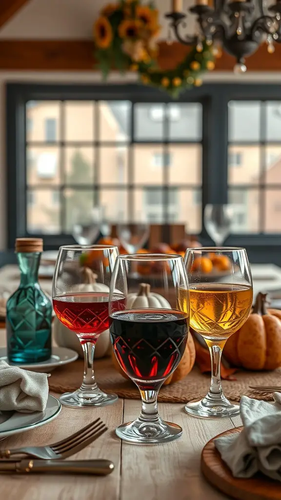 A Thanksgiving table set with unique glassware, including red wine, golden drink, and a blue glass bottle.