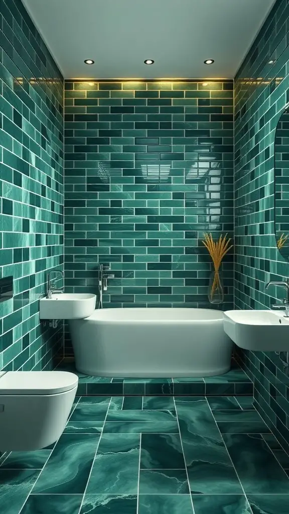 23+ Inspiring Green Bathroom Ideas for a Refreshing Makeover 4 A bathroom featuring elegant emerald tiles on the walls and floor, with a modern bathtub and sink.