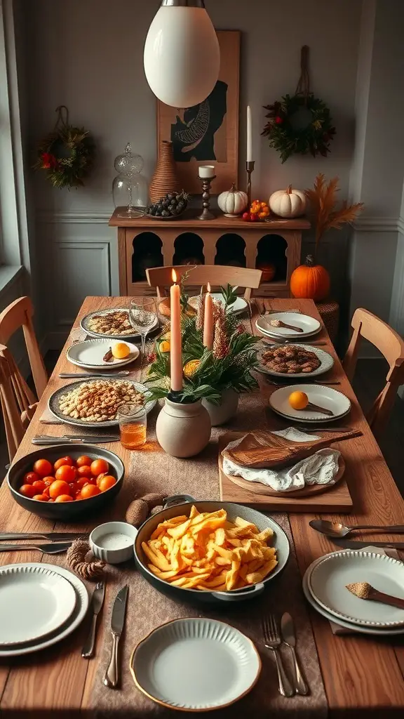 A beautifully set Thanksgiving table with various dishes, candles, and seasonal decorations.