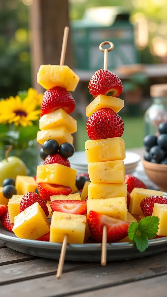 Colorful fruit skewers with pineapple, strawberries, and blueberries on a plate
