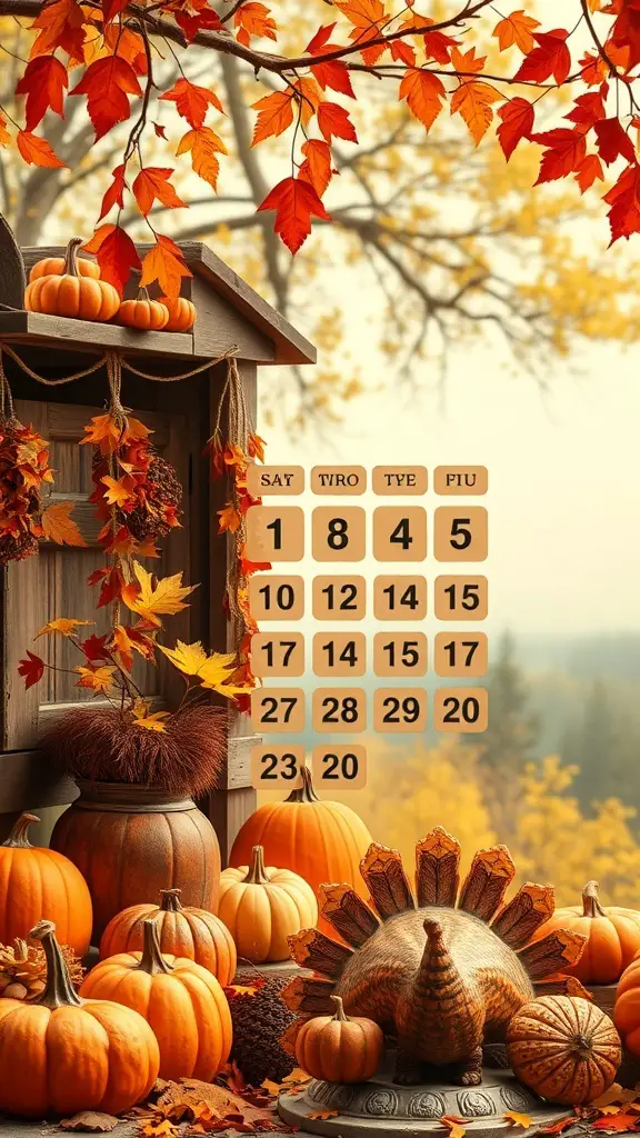 A Thanksgiving countdown calendar with pumpkins and autumn leaves.