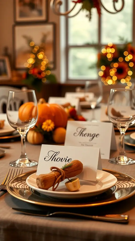 A beautifully set Thanksgiving table with personalized place cards, pumpkins, and elegant tableware.