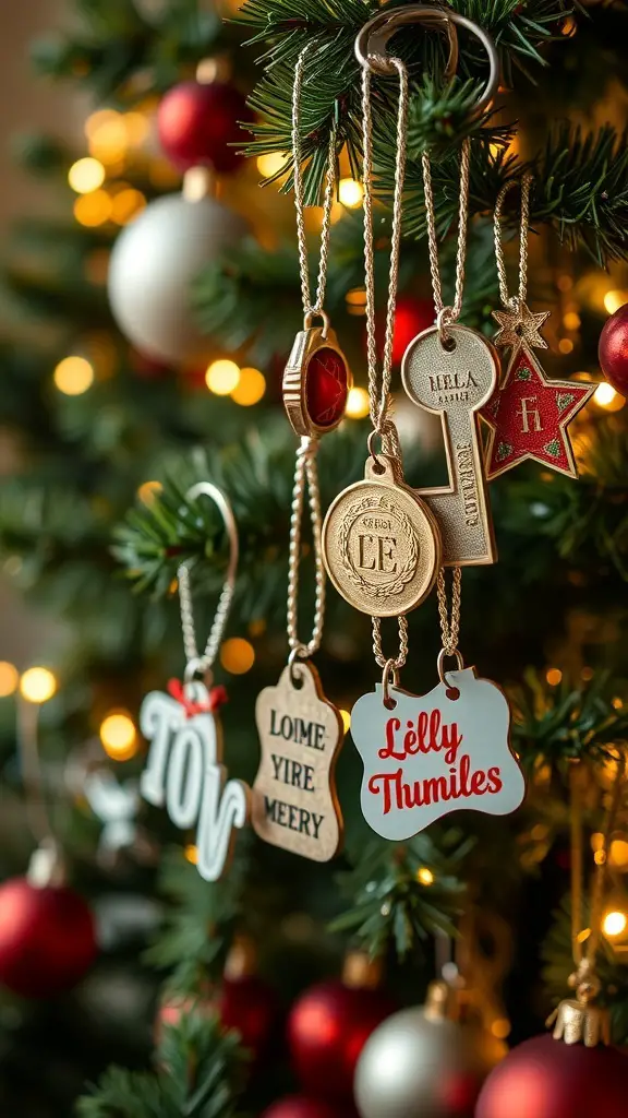 29+ Creative Christmas Stocking Ideas to Delight Everyone 15 A collection of personalized keychains hanging from a Christmas tree, featuring various designs and festive messages.