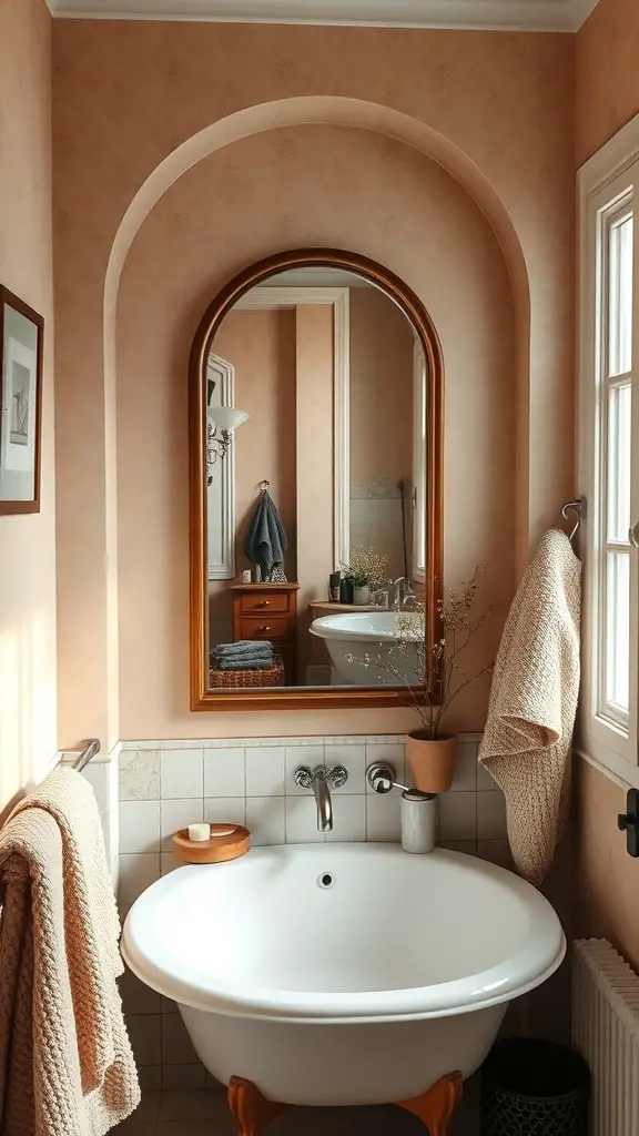 A cozy bathroom featuring an arched mirror, soft textiles, and a warm color palette.