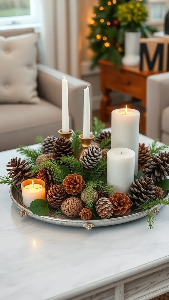 25+ Creative Christmas Coffee Table Decor Ideas to Elevate Your Holiday Style 7 A cozy coffee table centerpiece featuring pinecones and candles, creating a festive atmosphere.