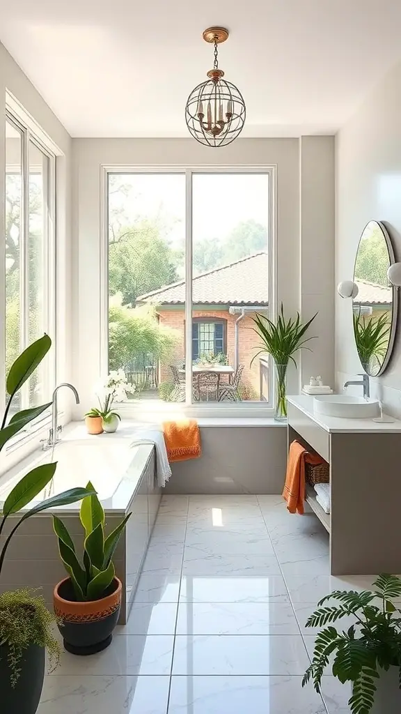 25+ Stunning Master Bath Ideas to Transform Your Space 9 A bright and airy master bath with large windows, plants, and a modern design.