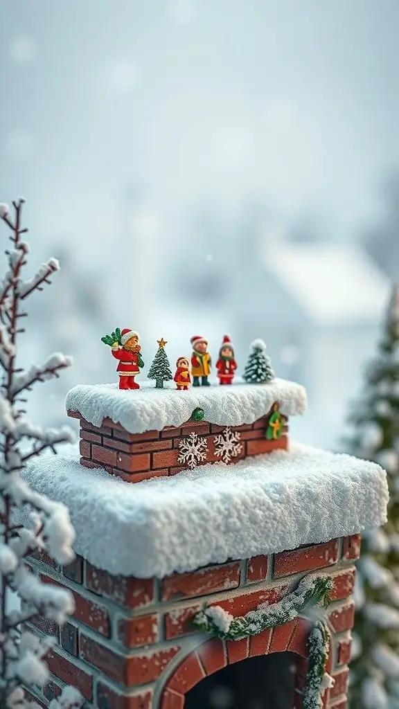 A snowy chimney decoration with Santa and children figurines on top