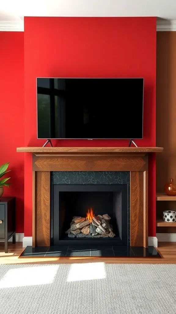 29+ Stunning TV Fireplace Wall Ideas You’ll Love 9 A living room featuring a bold red accent wall with a fireplace and a TV above it.