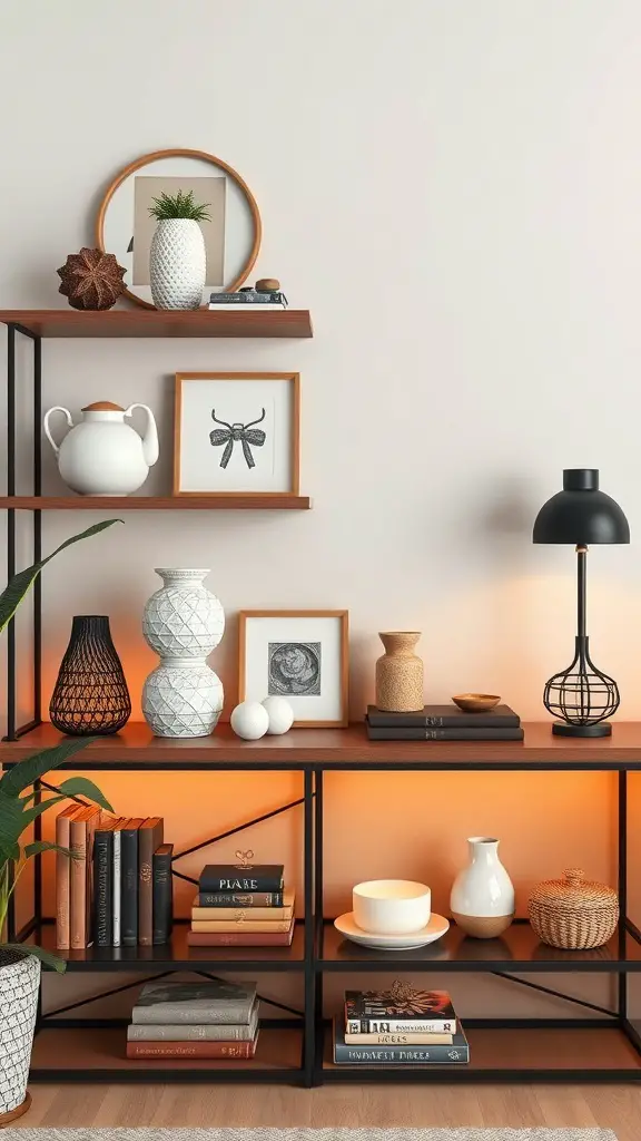 A stylish shelf displaying various home decor items including vases, books, and framed art.
