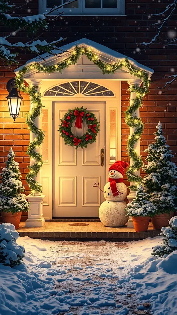 25+ Christmas Entryway Decor Ideas to Transform Your Home 4 A snowy outdoor entryway decorated for Christmas with a snowman, garlands, and a wreath.