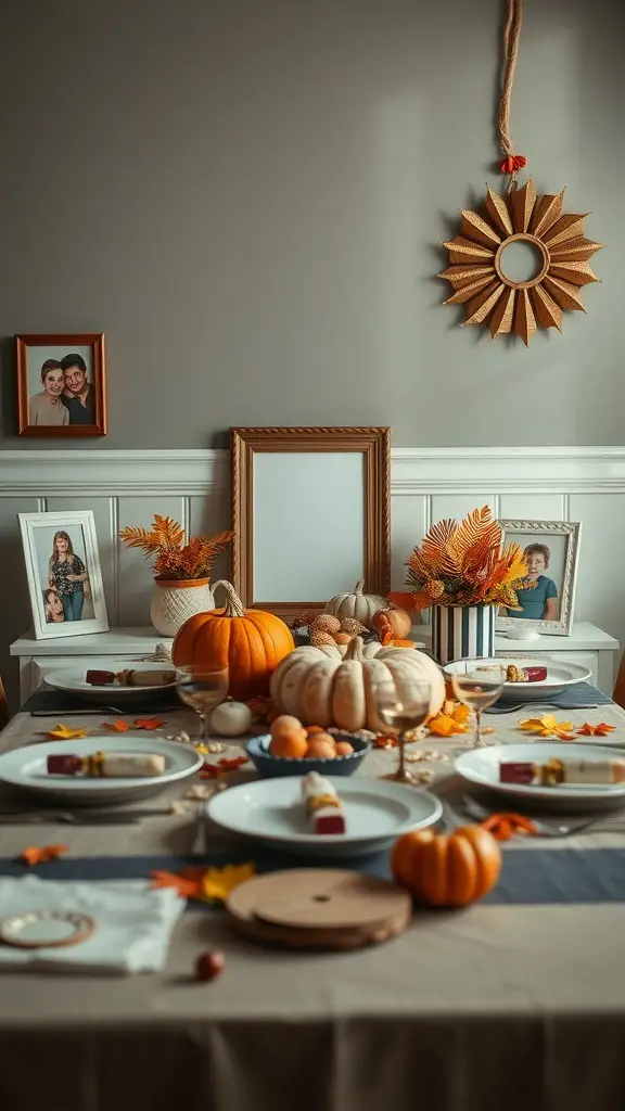 A beautifully set Thanksgiving table with pumpkins, family photos, and autumn decorations.