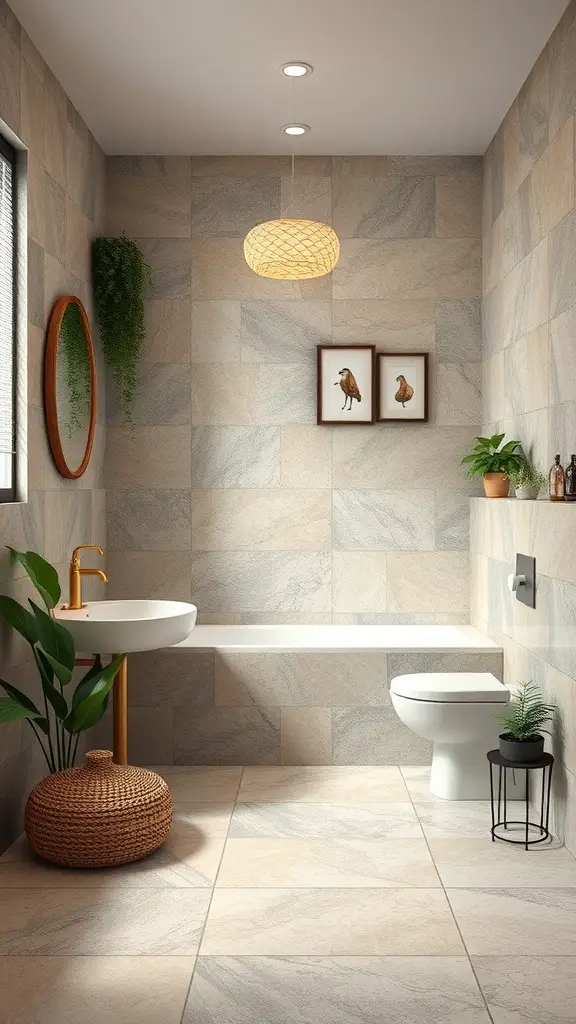 A modern bathroom featuring outdoor-inspired tiles in earthy tones, with plants and natural decor.