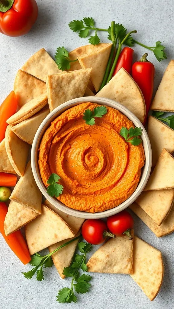 27+ Delicious Christmas Appetizers to Impress Your Guests 7 A bowl of roasted red pepper hummus surrounded by pita chips and fresh vegetables.
