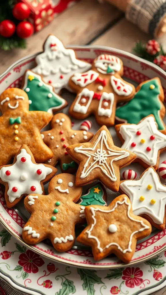 31+ Delightful Christmas Eve Food Ideas for a Festive Celebration 10 A plate of decorated gingerbread cookies in various festive shapes.