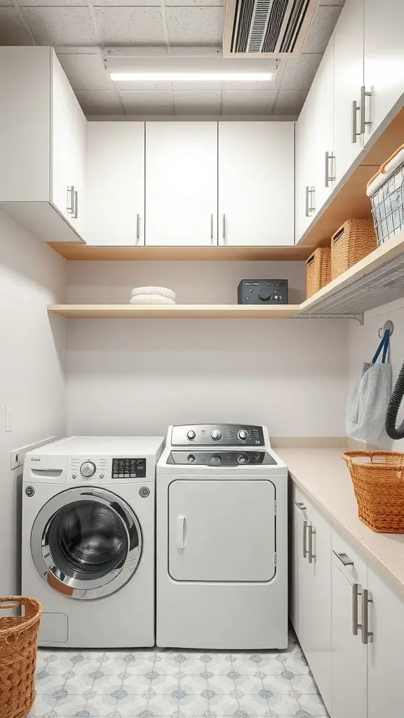 A small laundry room with white cabinets, shelves, and a washer and dryer.