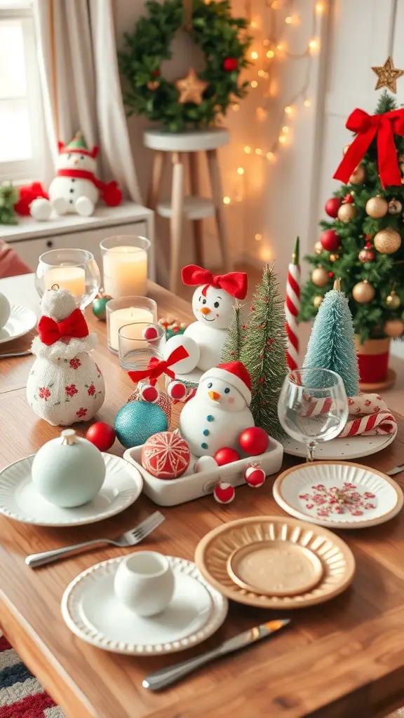 A festive holiday table setting with a snowman centerpiece, colorful ornaments, candles, and elegant plates.