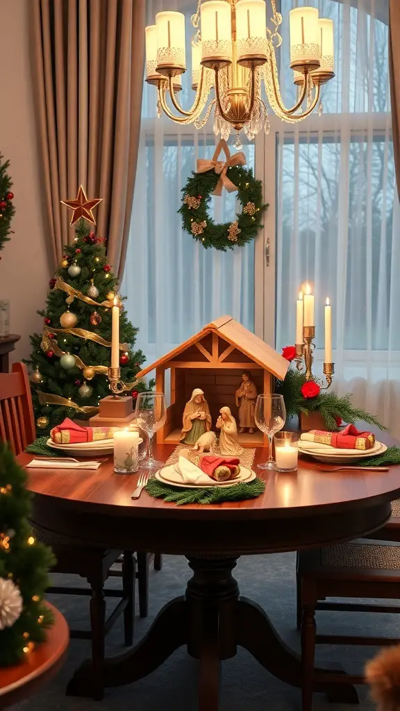A dining table decorated for Christmas with a nativity scene centerpiece, candles, and festive table settings.