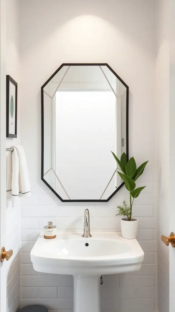 29+ Stylish Small Bathroom Mirror Ideas to Elevate Your Space 11 A small bathroom featuring an octagonal mirror with a black frame above a white sink, complemented by a small plant.