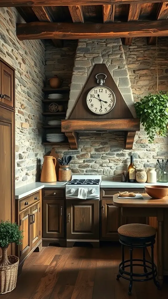 31+ Rustic Kitchen Design Ideas to Transform Your Space 8 A rustic kitchen featuring stone walls, wooden cabinets, and a cozy atmosphere.