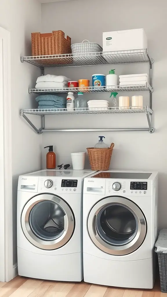 27+ Creative Over Washer and Dryer Shelf Ideas for a Stylish Laundry Room 14 A laundry room featuring two washing machines and wire shelving above, displaying various laundry supplies and towels.