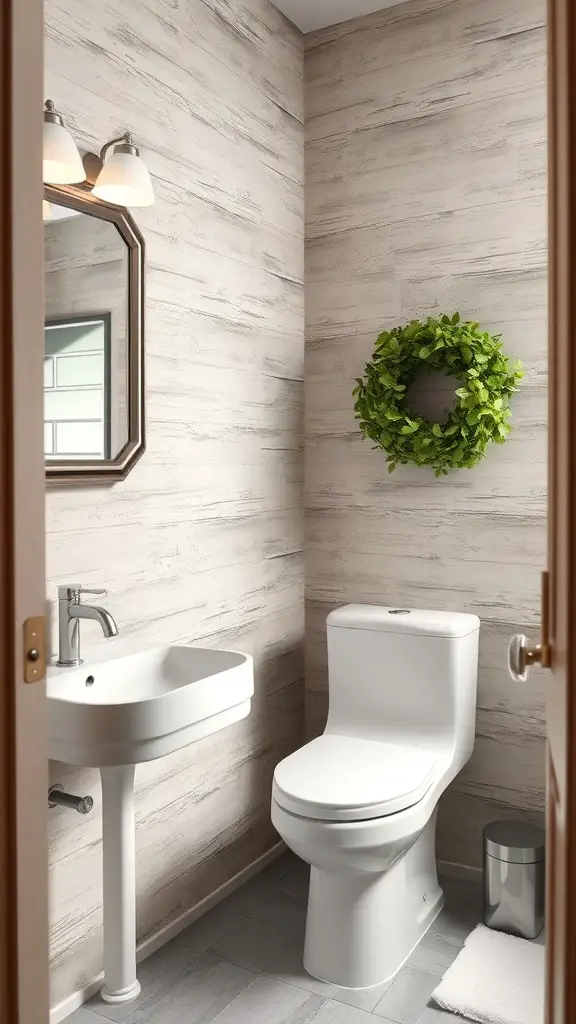 25+ Chic Half Bathroom Ideas to Refresh Your Space 14 A half bathroom featuring textured walls, a modern sink, and a green wreath.