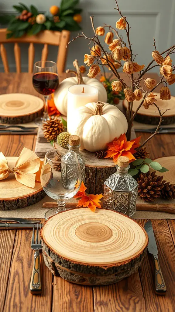 Thanksgiving table setting with natural wood elements, including wooden slices, white pumpkins, and autumn leaves.