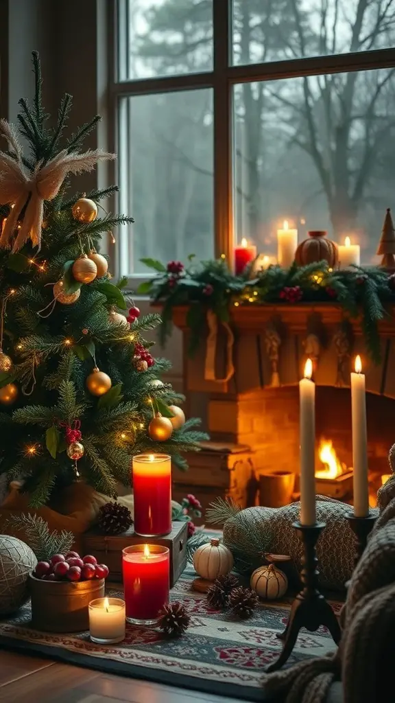 A cozy living room with a decorated Christmas tree, candles, and festive decor.