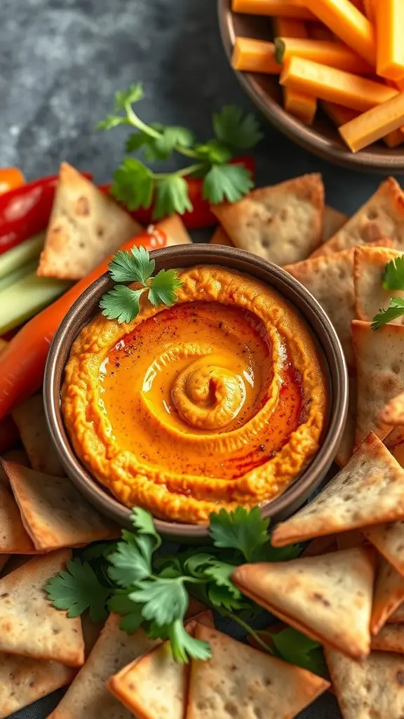 A bowl of roasted red pepper hummus surrounded by pita chips and fresh vegetables.