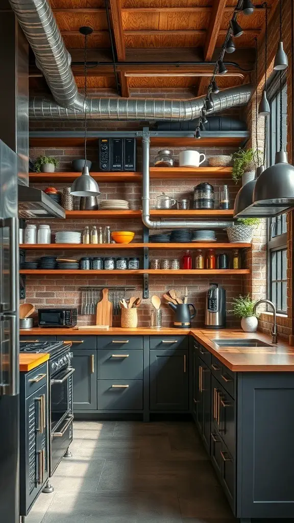 27+ Stunning Kitchen Color Palette Ideas for Your Home Makeover 6 A stylish industrial kitchen featuring dark cabinetry, wooden countertops, and open shelving with colorful dishware.