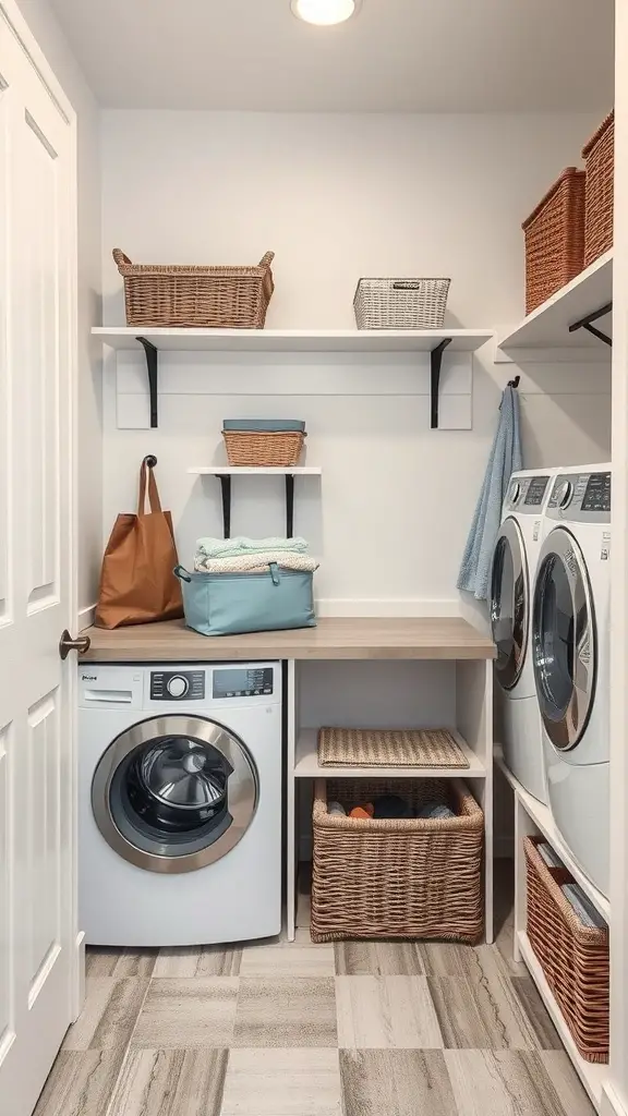 25+ Stylish Mudroom and Laundry Room Combo Ideas to Maximize Space 12 A compact laundry room with a folding station, featuring a washer, dryer, and organized storage.