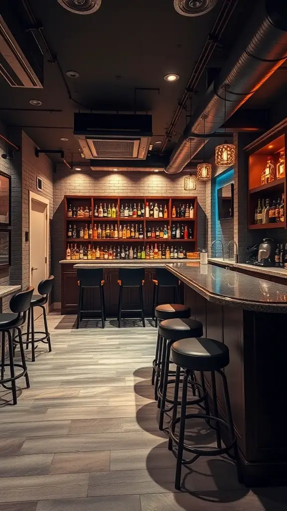 29+ Creative Basement Remodeling Ideas to Transform Your Space 8 Stylish basement bar area with a long bar, stools, and shelves of drinks.