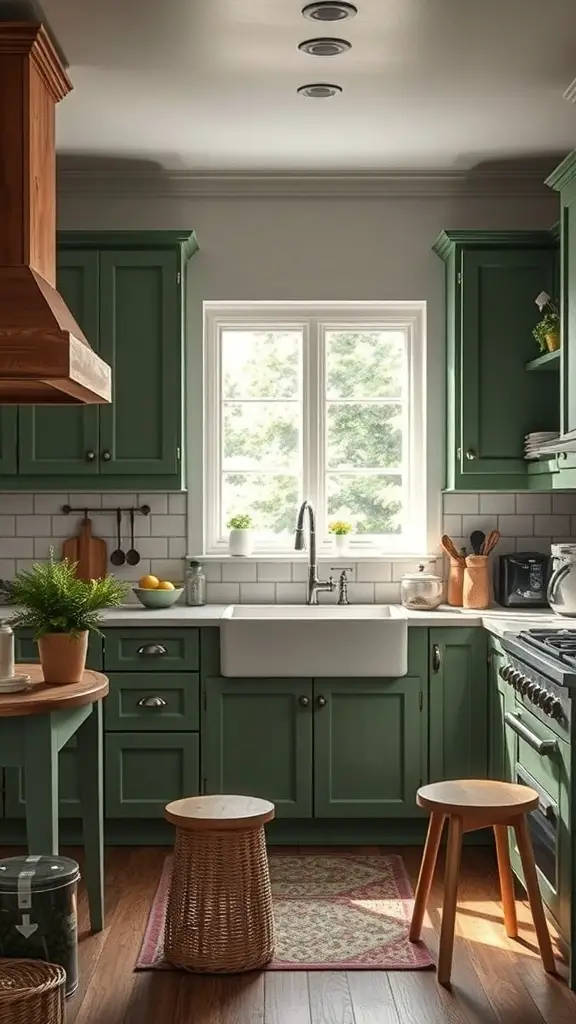 27+ Stunning Green Rustic Kitchen Cabinets for a Charming Makeover 10 A rustic kitchen featuring green cabinets, wooden accents, and a bright window.
