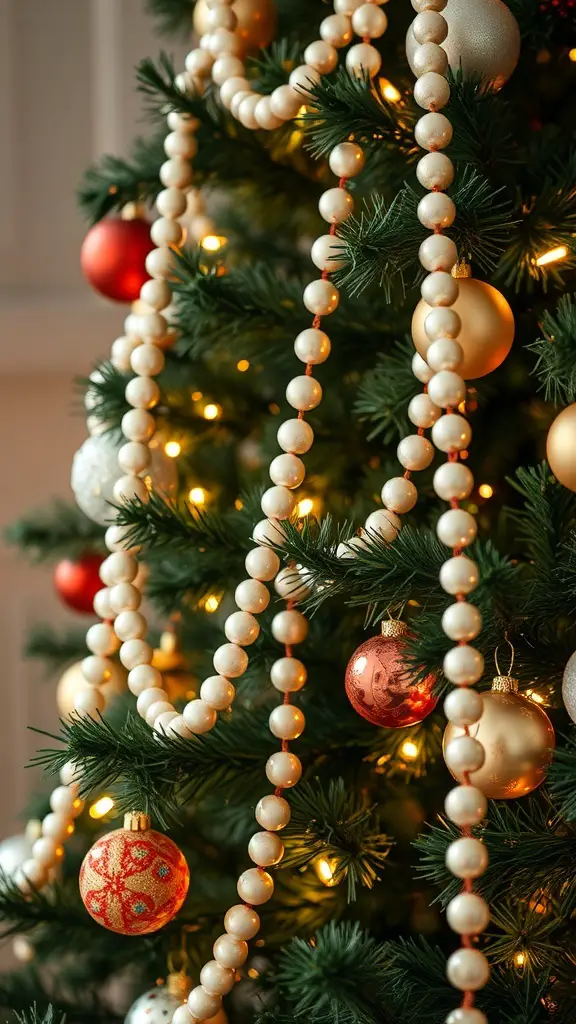 27+ Stunning Pearl Christmas Tree Decorations for a Glamorous Holiday Look 6 A close-up of a Christmas tree decorated with pearl garlands and colorful ornaments.