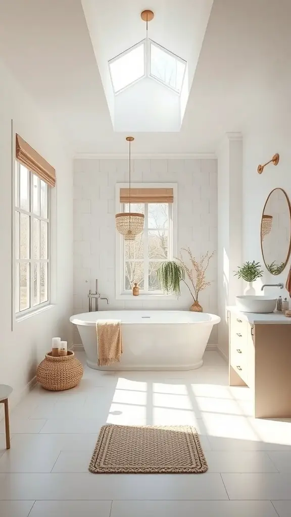 A bright and spacious boho bathroom featuring a freestanding tub, large windows, and natural decor elements.