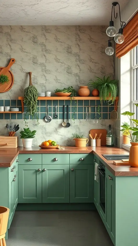 27+ Stunning Kitchen Color Palette Ideas for Your Home Makeover 15 A cozy kitchen featuring earthy green cabinets, wooden countertops, and plants.