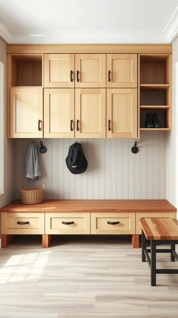 Mudroom with wooden cabinets and a bench, featuring drawers and hooks for storage.