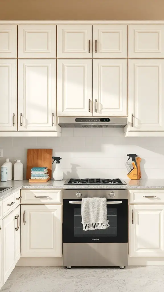 A modern kitchen featuring off white cabinets, a stainless steel stove, and a clean countertop.