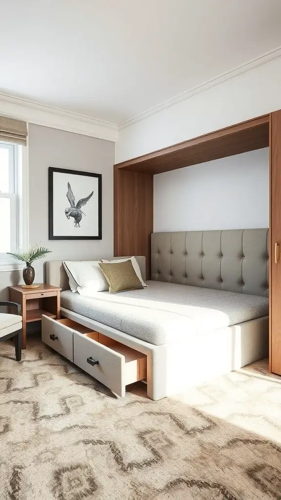 29+ Stunning Upholstered Beds for a Cozy Bedroom Makeover 6 A stylish upholstered bed with storage drawers underneath in a modern bedroom setting.