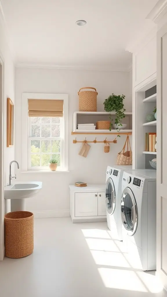 25+ Stylish Mudroom and Laundry Room Combo Ideas to Maximize Space 8 Bright and airy mudroom and laundry room combo with white walls, woven baskets, and greenery.