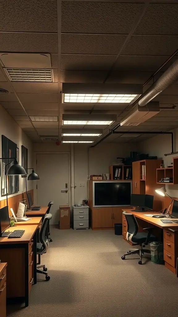 27+ Inspiring Basement Office Ideas for Ultimate Productivity 15 A basement office with overhead and desk lighting, featuring wooden furniture and a cozy atmosphere.