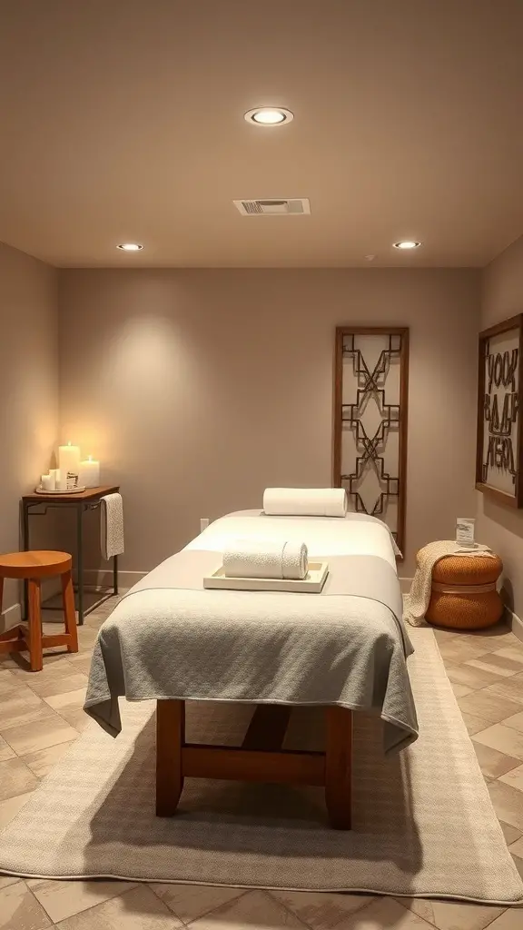A serene home spa retreat featuring a massage table, soft lighting, and calming decor.